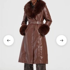 AKIRA Brown Faux Leather Coat with Fur Trim